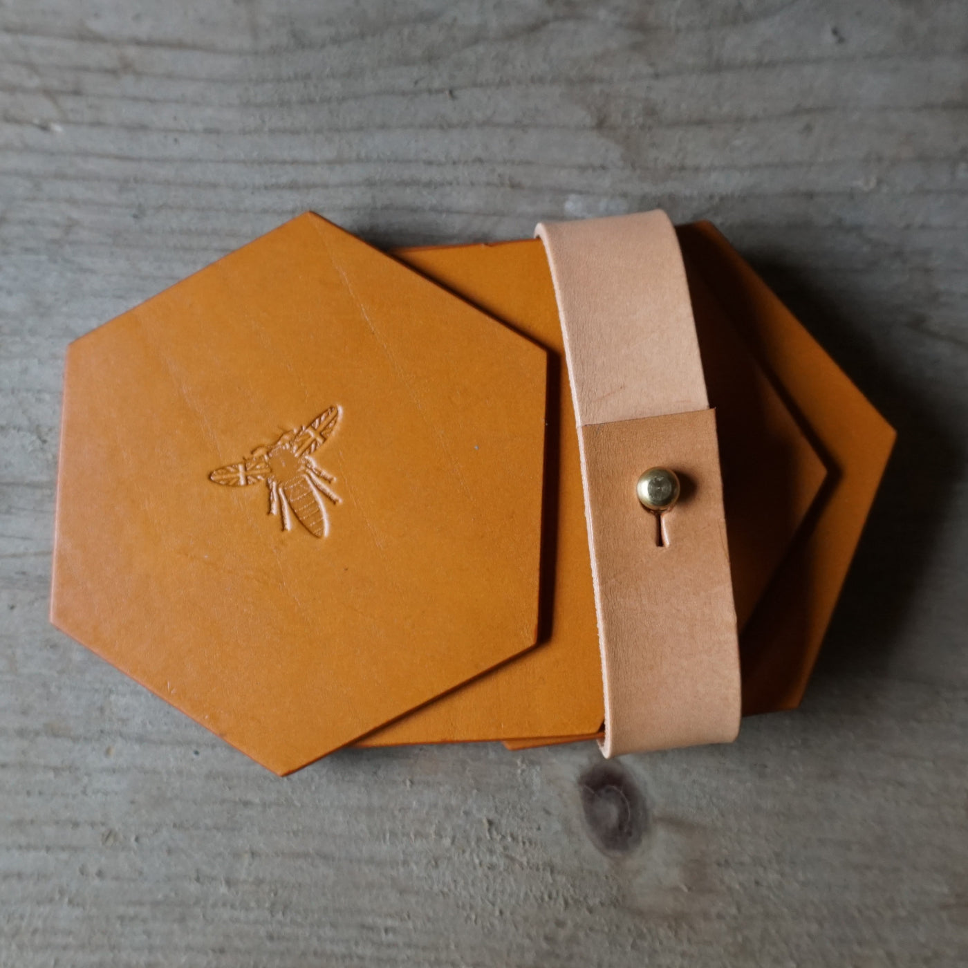 Set of 4 hand made leather coasters: Honeycomb