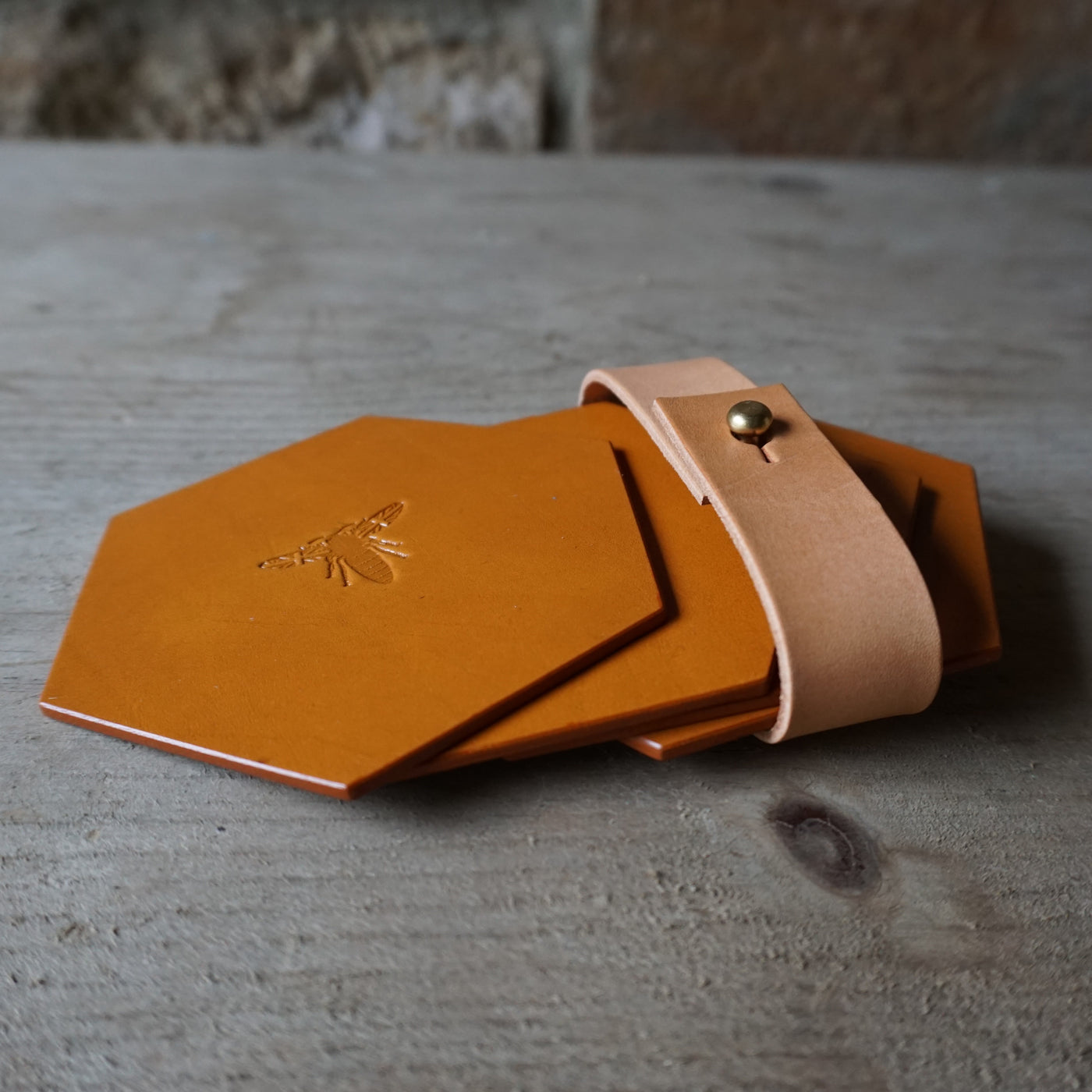 Set of 4 hand made leather coasters: Honeycomb