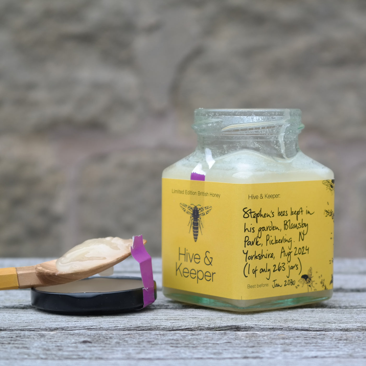 Honey from bees kept in a back garden, near Pickering, North Yorkshire (August)