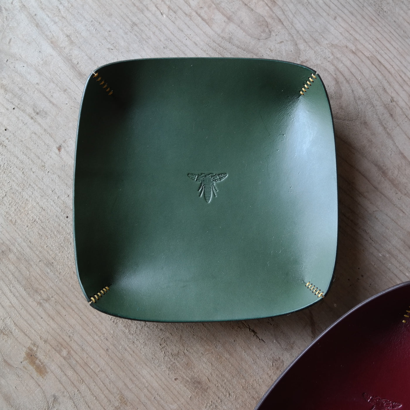 Limited edition leather coin tray in dark green