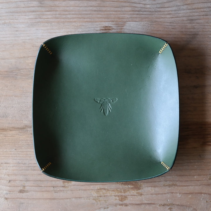 Square leather coin tray in dark green British leather