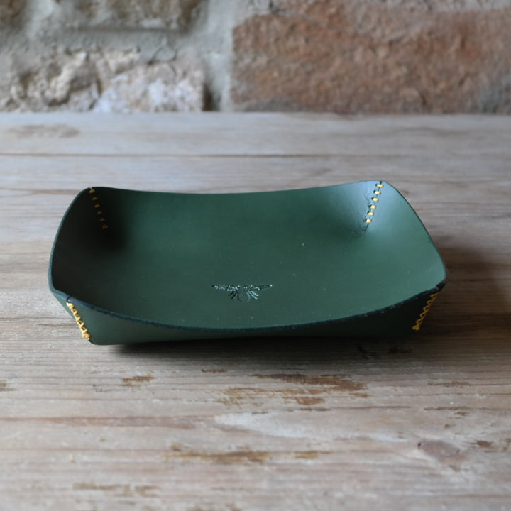 Square leather coin tray in dark green British leather