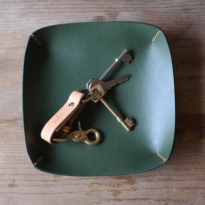 Square leather coin tray in dark green British leather