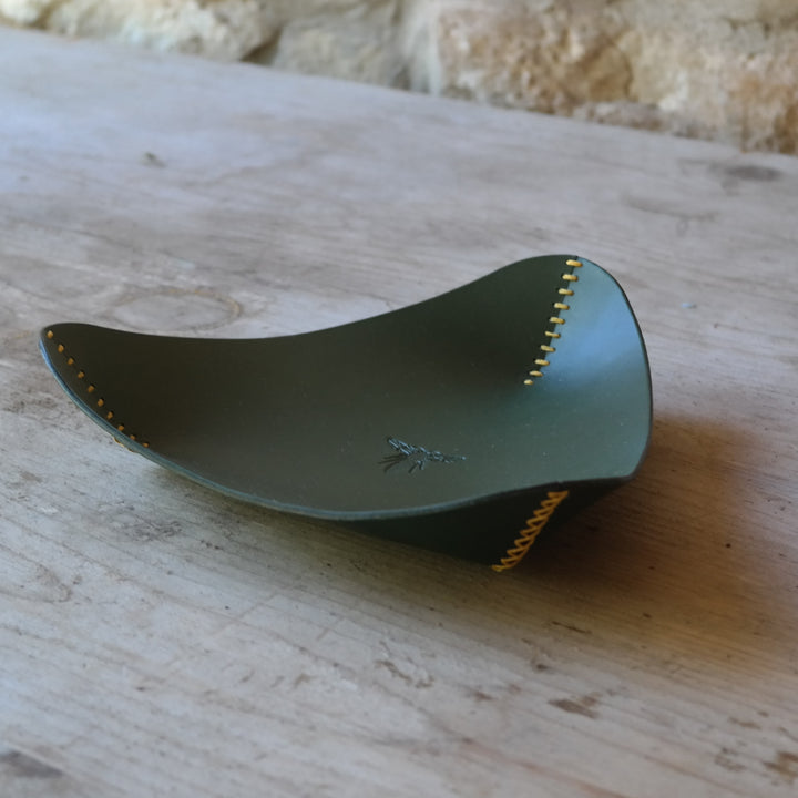 Triangle leather coin tray in dark green British leather