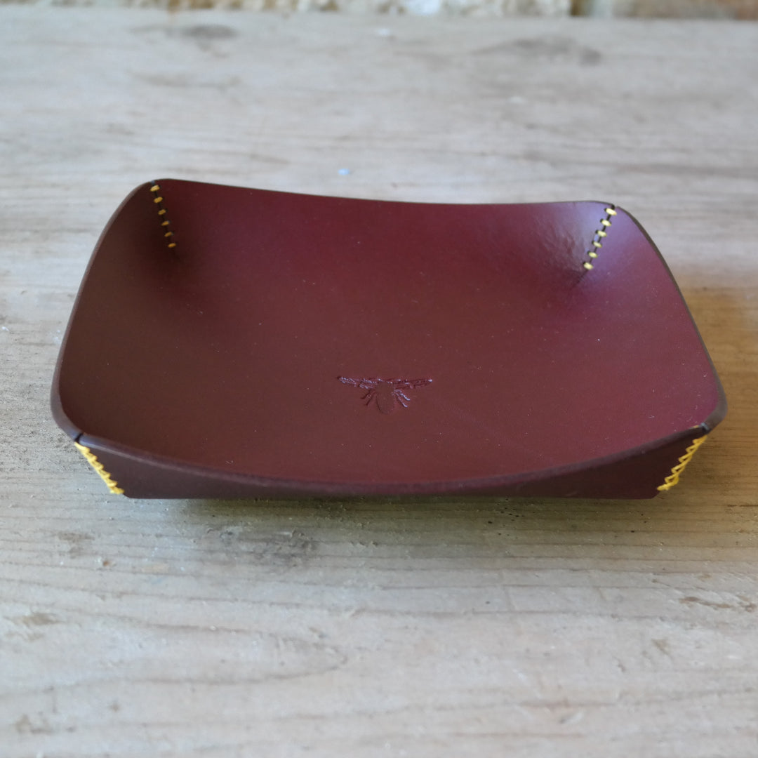 Square leather coin tray in deep plum British leather