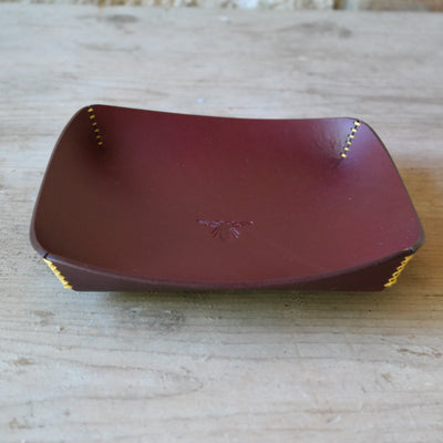 Square leather coin tray in deep plum British leather