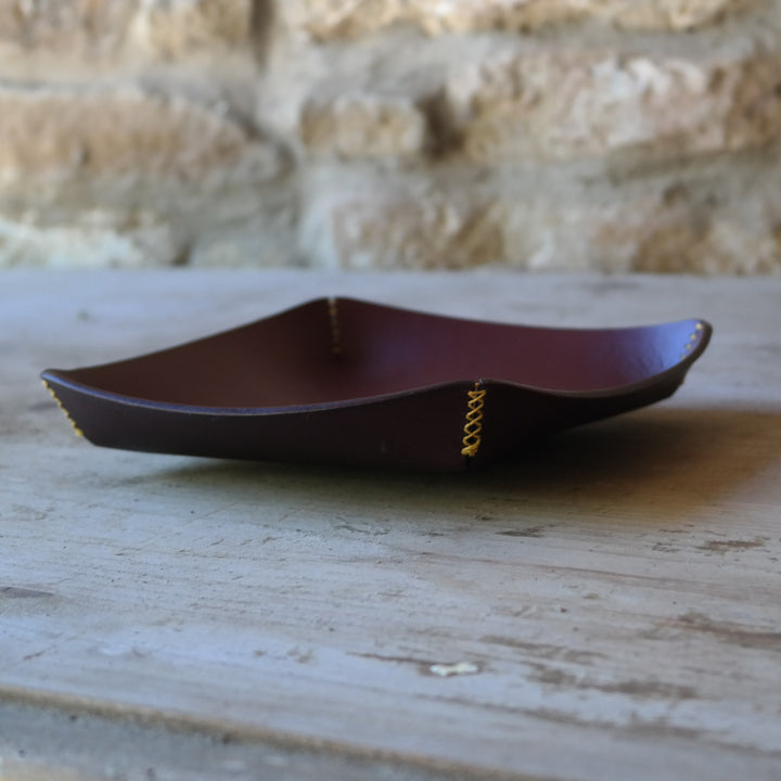Square leather coin tray in deep plum British leather