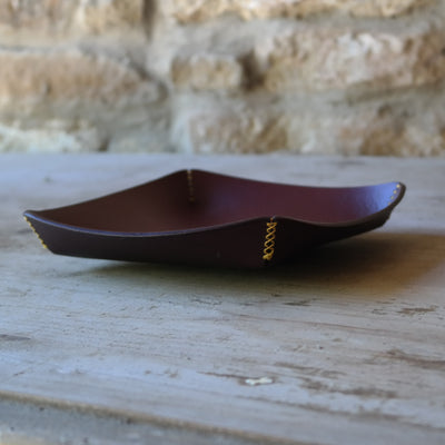 Square leather coin tray in deep plum British leather