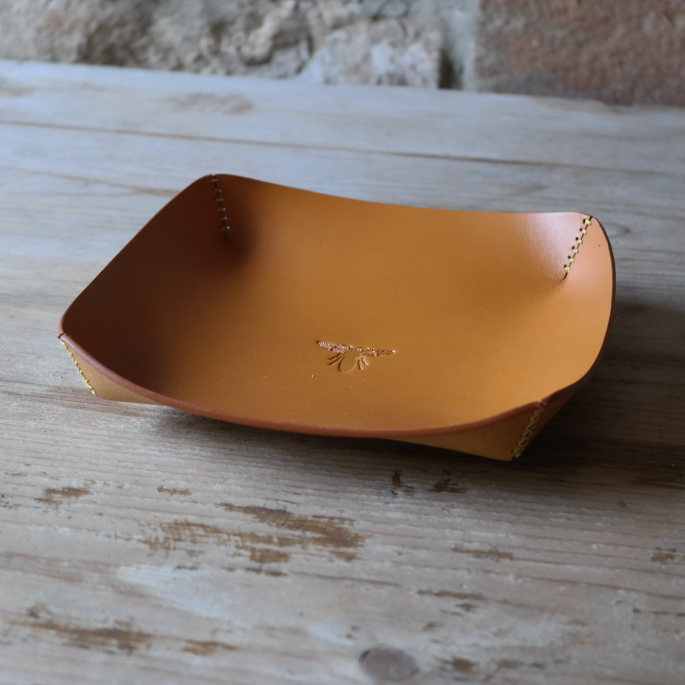 Square leather coin tray in light tan British leather