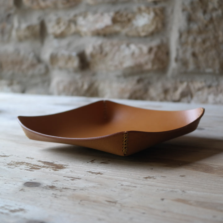 Square leather coin tray in light tan British leather