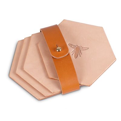 Set of 4 hand made leather coasters: Honeycomb