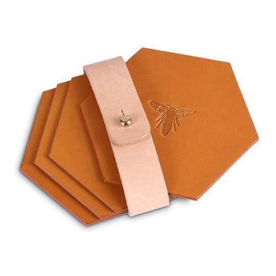 Set of 4 hand made leather coasters: Honeycomb